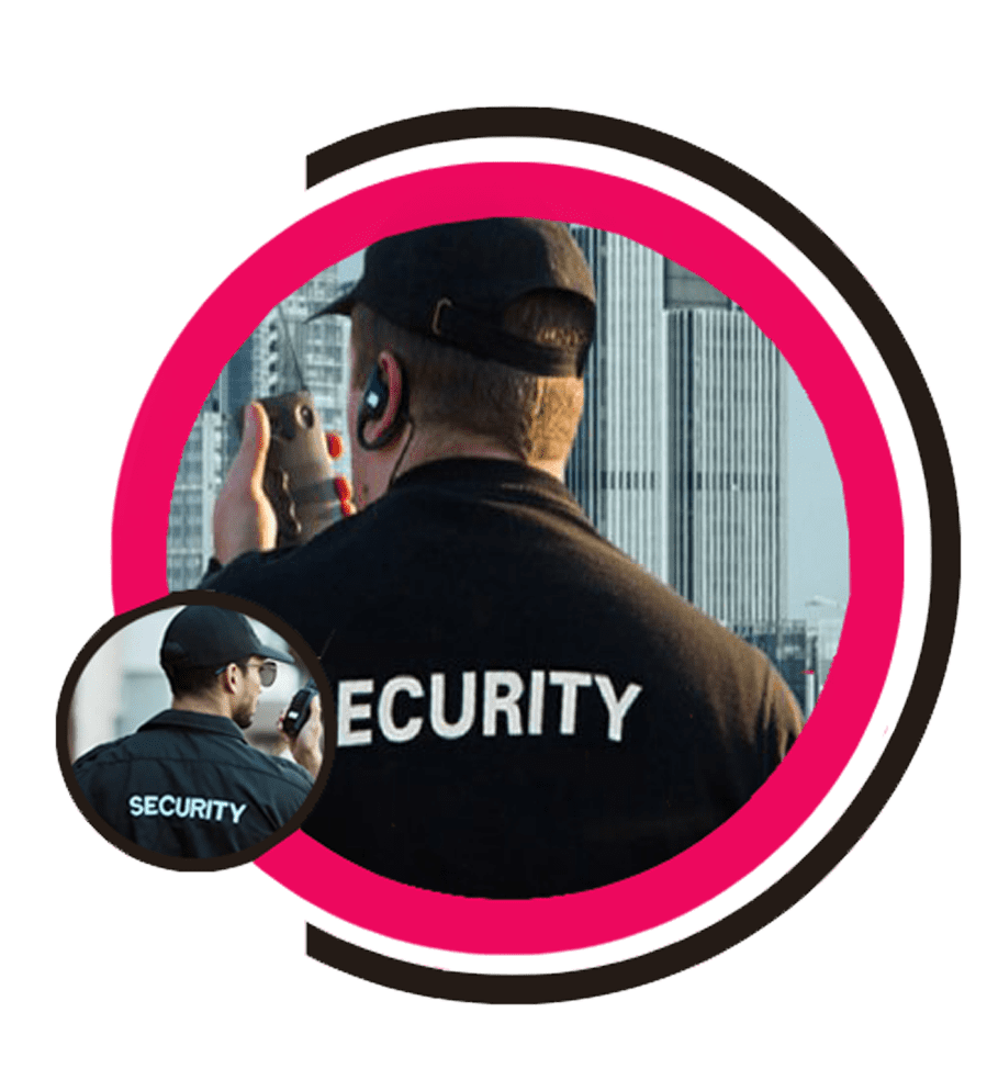 Security officer with a radio, in a uniform marked SECURITY