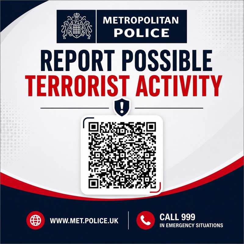Metropolitan Police poster: Report possible terrorist activity, with a QR code.
