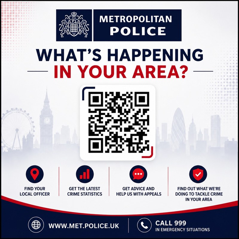 Metropolitan Police poster: What’s happening in your area?, with a QR code.